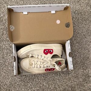 Comme des Garcons Cream Sneakers with Red Hearts